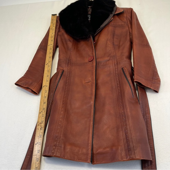 Real leather brown vintage jacket with detachable fur collar xxs - Picture 7 of 12